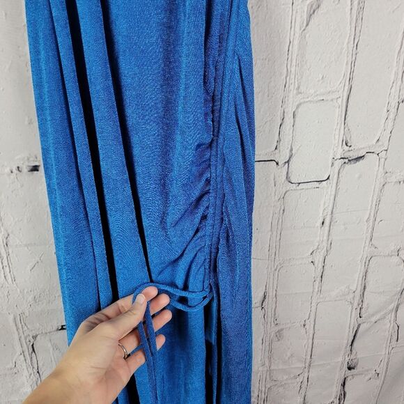 Hello Molly blue no bad vibes tie halter ruched side slit woven midi dress - Picture 8 of 12